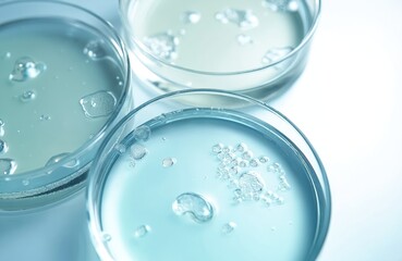 Macro view of cosmetic serum or gel in petri dishes. Transparent liquids with bubbles, particles suggest skincare, dermatology, scientific research. Ideal for beauty, science, health content.
