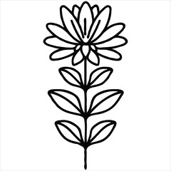 Stylized Flower Illustration Simple Black and White Blossom with Leaves and Stem for Botanical Designs and Floral Compositions