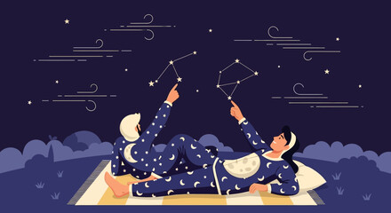 Naklejka premium Couple Lying Down In Pajamas Looking At Star Constellations In A Magical Night