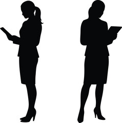 Vector illustration of a business woman holding a tablet. Silhouettes of a professional female in various poses, representing modern technology and corporate communication.