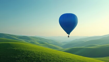 Fototapeta premium Solitary blue hot air balloon floats serenely over rolling green hills under clear sky. Scene evokes sense of peace, freedom, childhood wonder. Image captures joy of simple outdoor adventures, beauty