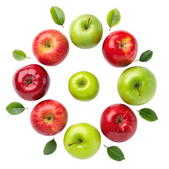 Arrangement of red and green apples with leaves isolated on transparent background