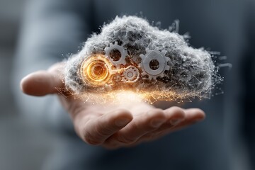 Hand holding a glowing, digital cloud with gears inside