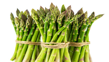 Fresh green asparagus spears bundled together for sale at a farmers market or grocery store representing healthy eating and spring vegetables