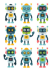 Cute Cartoon Robot Collection — Friendly Android Characters Showing Emotions, Futuristic AI Mascots for Technology and Design Projects