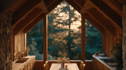 Fototapeta premium Warm wooden interior with large windows offering stunning nature