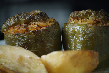 Green peppers stuffed with rice tomato and herbs for vegan   
