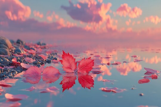 Serene and tranquil scene of a red leaf and flower petals floating on calm water at sunset.

