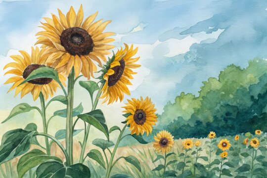 Watercolor painting of sunflowers in a field under a cloudy blue sky - Powered by Adobe