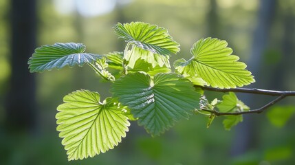 Fototapeta na wymiar Green leaves unfurl on a sunlit branch, showing veins and edges clearly against blurred forest