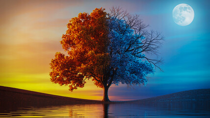 Tree split between autumn warmth and winter chill under a full moon and twilight sky seasons
