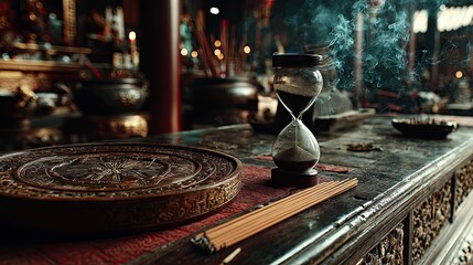Close Up of Sand Timer and Incense Sticks on Altar