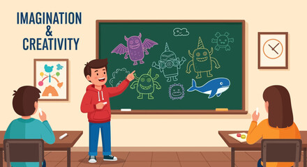 Creative Classroom Scene Depicting Imagination and Creativity on Blackboard with Monsters