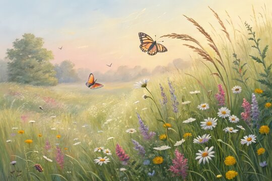 A beautiful meadow with butterflies and flowers in a sunny summer day