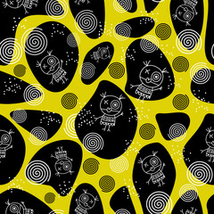 Seamless tribal-style pattern featuring whimsical cartoon doodle characters and spiral symbols on abstract black shapes with a vibrant yellow-green background. Perfect for kids’ design, fabric