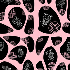 Seamless tribal-style pattern featuring whimsical cartoon doodle characters and spiral symbols on abstract black shapes with a soft pastel pink background. Perfect for kids’ designs, cute fabric print