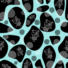 Seamless tribal-style pattern featuring whimsical cartoon doodle characters and spiral symbols on abstract black shapes with a soft aqua background. Ideal for kids’ design, textiles, and modern decor.