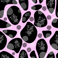 Seamless tribal-style pattern featuring whimsical cartoon doodle characters and spiral symbols on abstract black shapes with a soft pastel pink background. Ideal for kids’ design, textiles, and modern