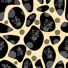 Seamless tribal-style pattern featuring whimsical cartoon doodle characters and spiral symbols on abstract black shapes with a warm creamy yellow background. Ideal for kids’ design, textiles