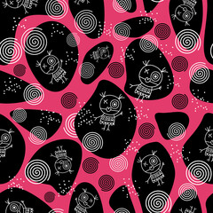 Seamless tribal-style pattern featuring whimsical cartoon doodle characters and spiral symbols on abstract black shapes with a vibrant pinkish-red background. Ideal for kids’ design, textiles
