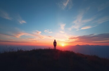 Fototapeta premium Lone figure stands on grassy hilltop watching sun set over mountains. Colorful clouds streak sky above vast landscape. This scene evokes peace, reflection, and beauty of nature at dusk.