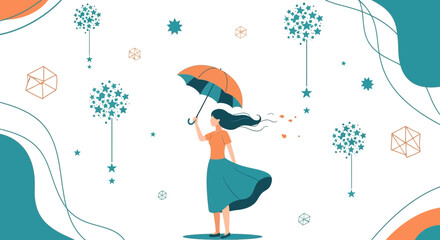 Obraz premium Dancing In The Breeze A Woman With An Umbrella And Geometric Ornaments