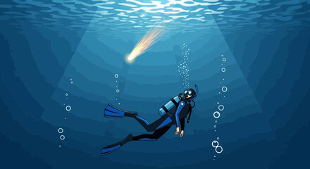 Deep Blue Sea Exploration Diver Investigating Underwater Phenomenon Adventure