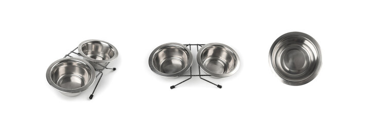 Metal pets bowl isolated, two food and water bowl set, dog food container, cat new empty dishes