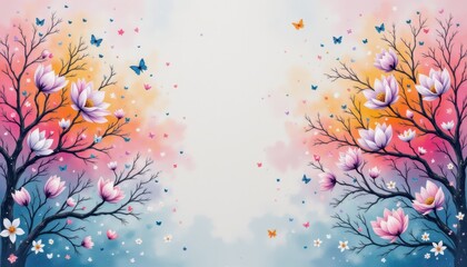 Enchanting floral background, butterflies dance among trees in a colorful garden setting