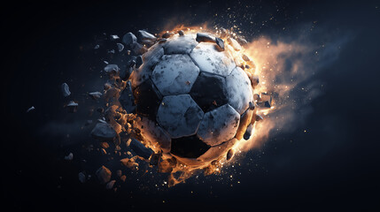 Fototapeta premium Burning soccer ball exploding on dark background
