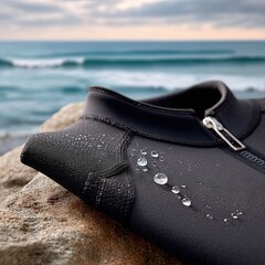Close Up of Wetsuit Texture with Water Droplets on a Rocky Beach