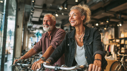An elderly couple cycling happily through a brightly lit store, enjoying their leisurely activity. The pair is full of joy and enthusiasm, their smiles infectious
