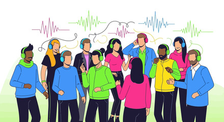 Diverse Group Listening To Music With Headphones And Colorful Sound Waves