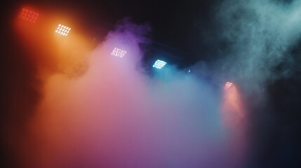 Haze machine releasing a fine mist over a concert stage creating an atmospheric effect with colorful spotlights illuminating the haze enhancing the mood for the live performance