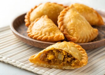 Close up of delicious curry puff, a savory pastry filled with curried potatoes and chicken, a popular snack in southeast asia on a plate