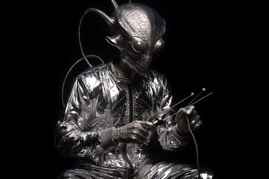 Alien abductor with probing tools and silver suit 