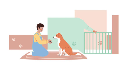 Fototapeta premium Dog Training At Home With Young Man And Puppy Crate Happy Moment