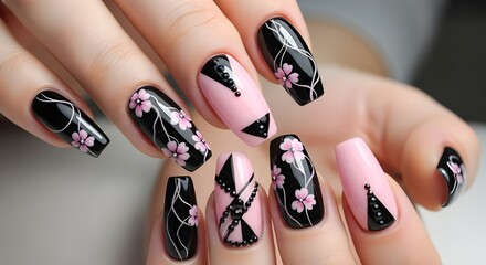 Pink and Black Floral Nail Art Design | Close-Up of Elegant Manicured Nails for Beauty and Fashion Bloggers