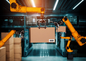 Smart robot arm system for innovative warehouse and factory digital technology . Automation manufacturing robot controlled by industry engineering using IOT software connected to internet network .