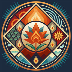 Geometric design featuring a stylized lotus flower with fiery orange petals and flames. surrounded by nature inspired elements like mountains. water. and plants in a circular pattern.