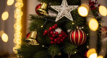 Decorated Christmas Tree with Ornaments and Warm Bokeh Lights