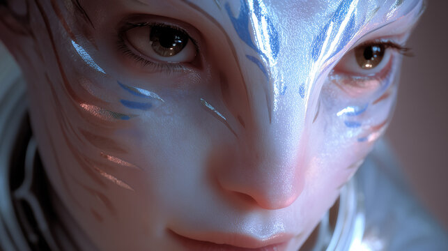 Close-up of a futuristic woman with bioluminescent skin and iridescent makeup