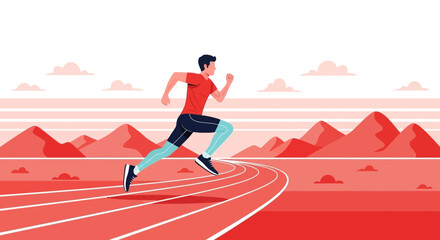 Obraz premium Dynamic Athlete Races Across Monochromatic Landscape Toward Personal Best Achievement