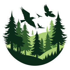 Obraz premium Silhouette of birds soaring gracefully above a dense forest canopy at dawn or dusk
