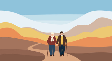 Obraz premium Elderly Couple Strolling Through Autumn Landscape Holding Hands With Affection