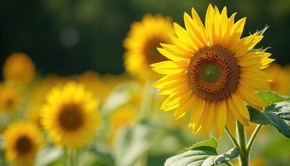 Obraz premium Bright yellow sunflower in field under sunny sky. Harvest season, sunflowers grow for oil production. Benefits for skin health, cell regeneration. Agriculture, farming, organic plant cultivation.
