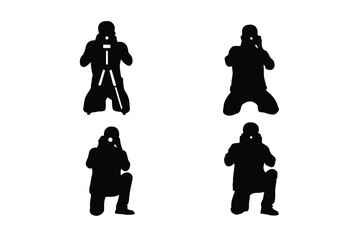 Photographer Silhouettes at Work: Various silhouettes capturing photographers in action, kneeling, crouching, and standing, all focused on capturing a perfect moment.