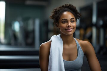 Beautiful young female athlete bodybuilder, sitting in the gym, resting after the crossfit. Young African American woman sitting on a gym bench and drinking water after workout.