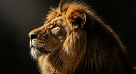 Fototapeta premium A lions intense gaze in a dramatic dark portrait