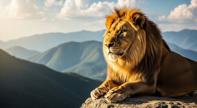 A lion rests majestically on a rock overlooking hills